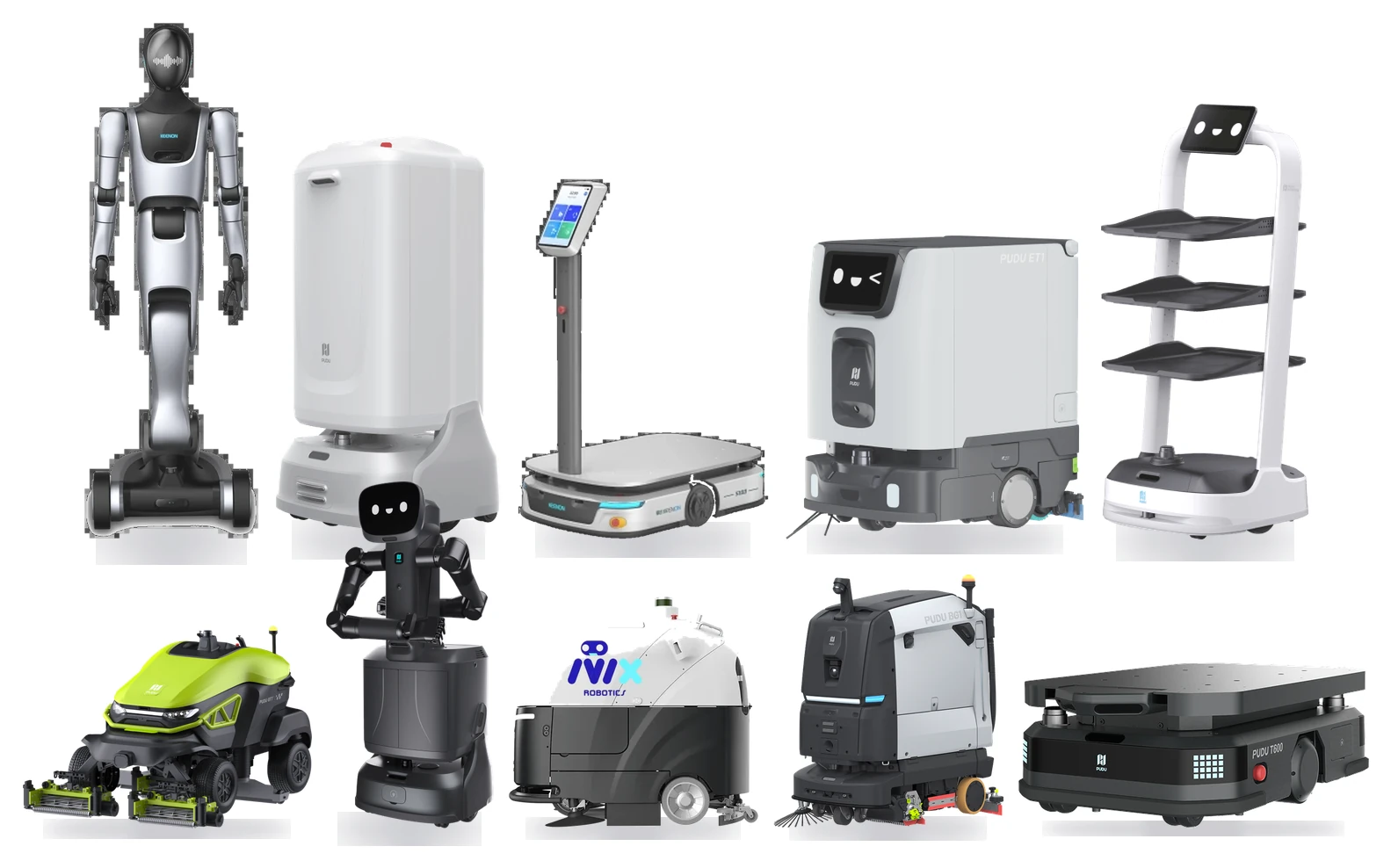 Diez robots del catálogo IVIX, de las tres marcas: humanoides Keenon y Pudu, transporte industrial, la fregadora IVIX GS140, limpieza, cortacésped y reparto.